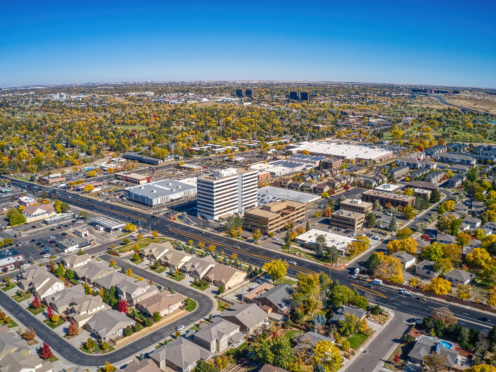 An aerial view of the City of Aurora, Colorado.