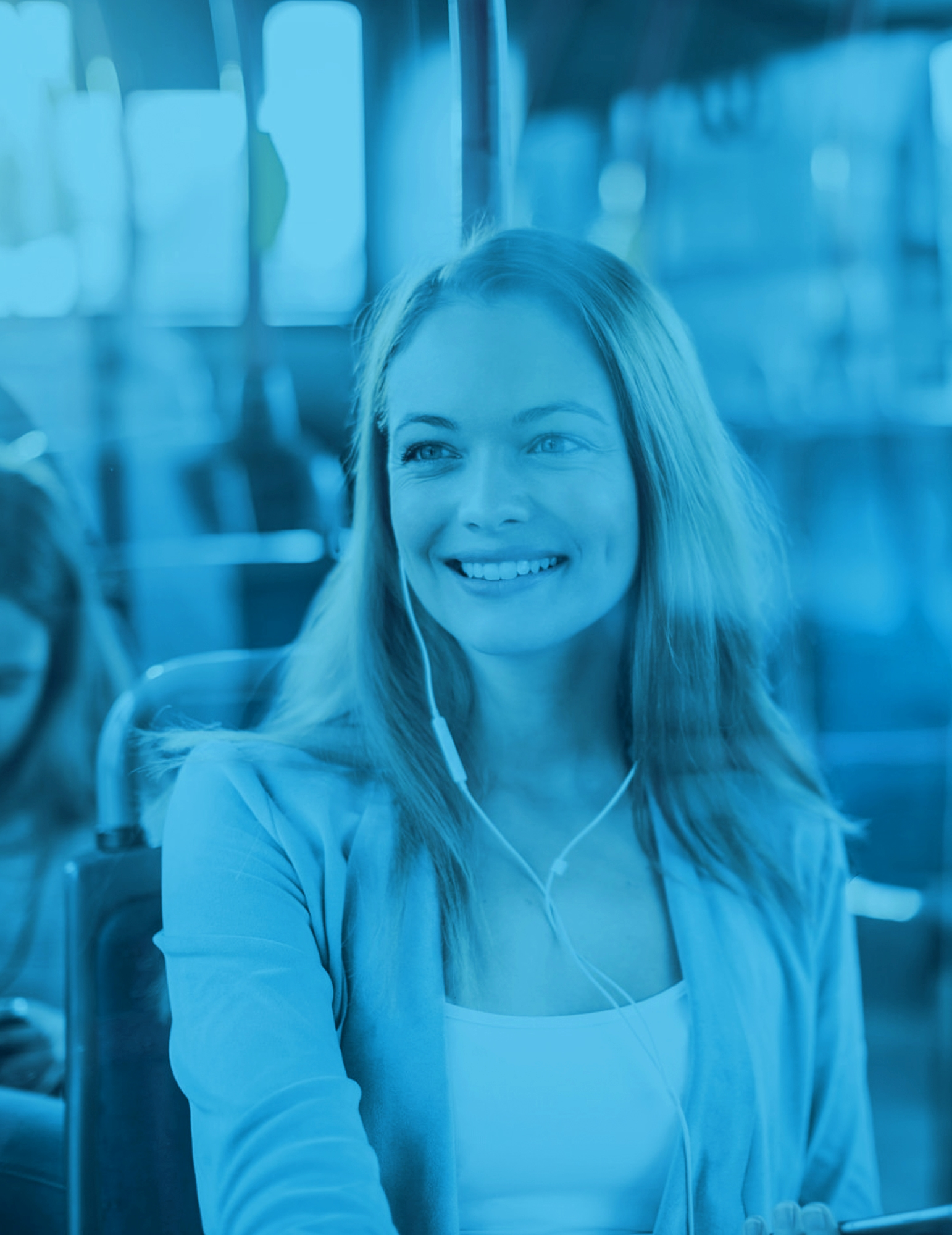 Picture of smiling woman with light blue overlay