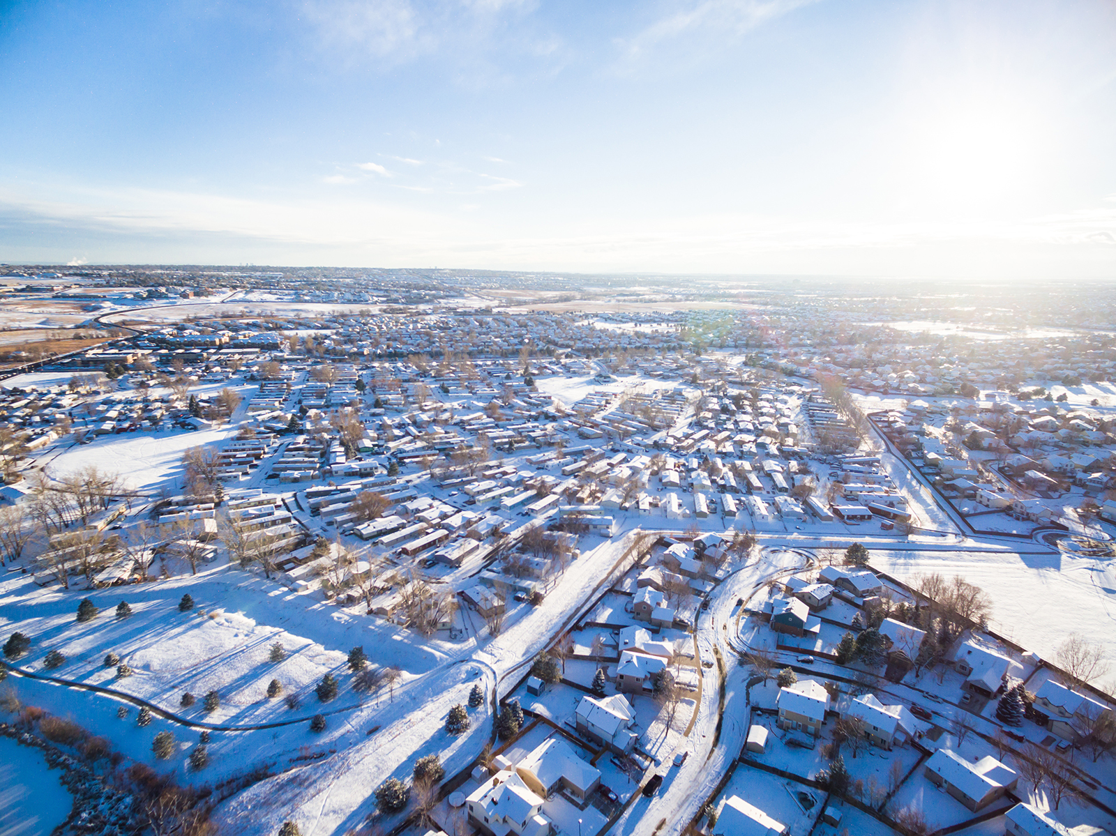 Aurora, Colorado, as seen from the air with an eastward perspective toward the plains.