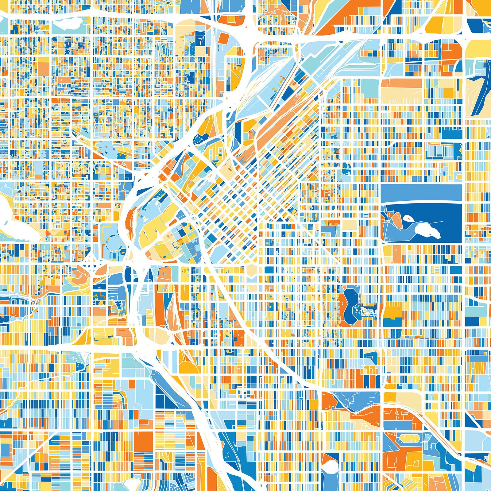 A stylized map of downtown Denver, Colorado.