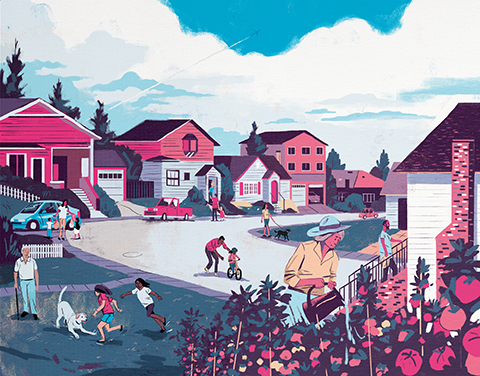 A vibrant stylized depiction of a busy residential neighborhood. In the foreground, an older woman waters her blooming flowers. Farther in the background are children playing with their dog, an adult teaching their child how to ride a bike and someone walking their dog.