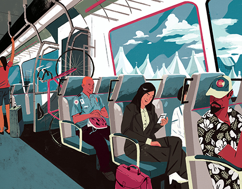 A vibrant stylized depiction of security guard holding a bicycle helmet on a train. His bike is loaded behind him and a woman is sitting in the seat in front of him.