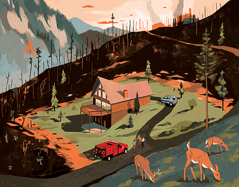 A vibrant stylized depiction of three deer grazing on a hill in a mountainous region. At the bottom of a hill is a large home with a truck parked out front.