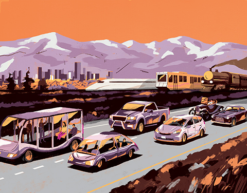 A vibrant stylized depiction of a busy highway, metaphorically representing transportation’s history, present and future. Two rows of cars from all eras are driving from right to left and trains from steam-engine freight trains to high-speed rail are driving on tracks next to them.